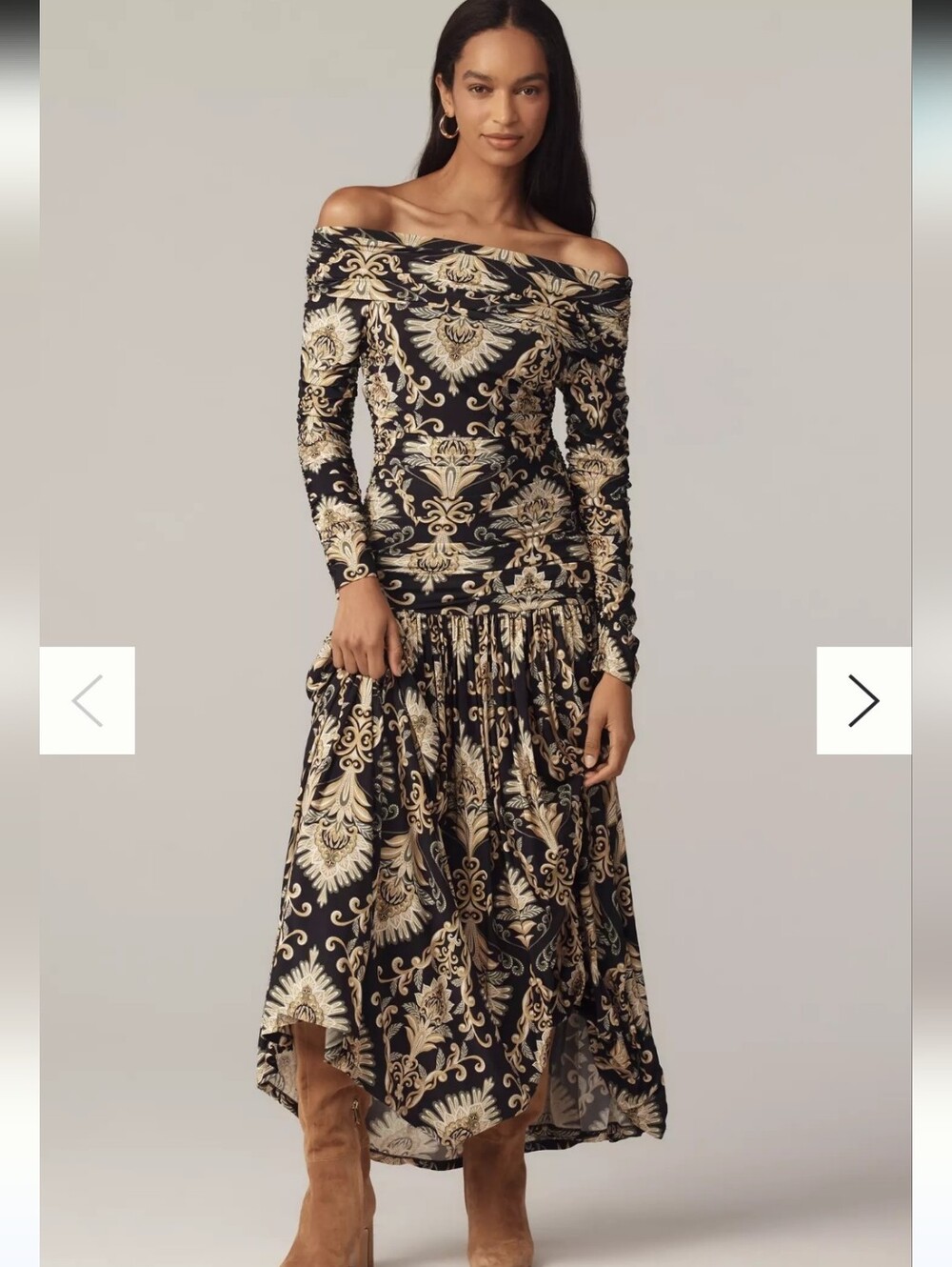 Farm Off-Shoulder Black and Gold Printed Midi Dress
